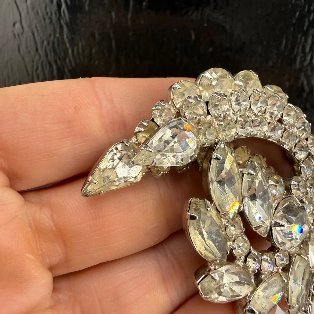 Vintage Estate Brooch Silver Tone Rhinestone Cluster Spray Floral